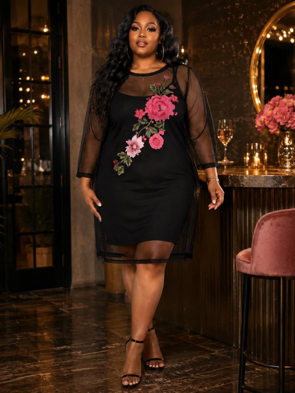 Haute Monde Embroidered Sheer Floral Black Party Dress SX 2x Romantic NWT